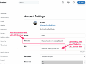 Pixelfed: Account Settings with Mastodon URL in Website Field