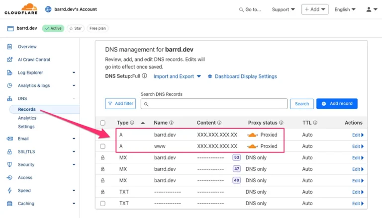 Cloudflare DNS Records Screen