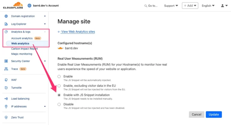 Cloudflare Manage Site Screen