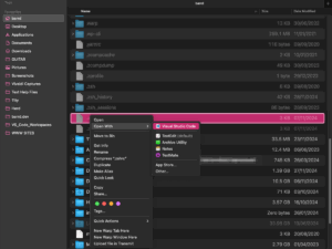 Finder window with contextual menu showing open with VS Code.